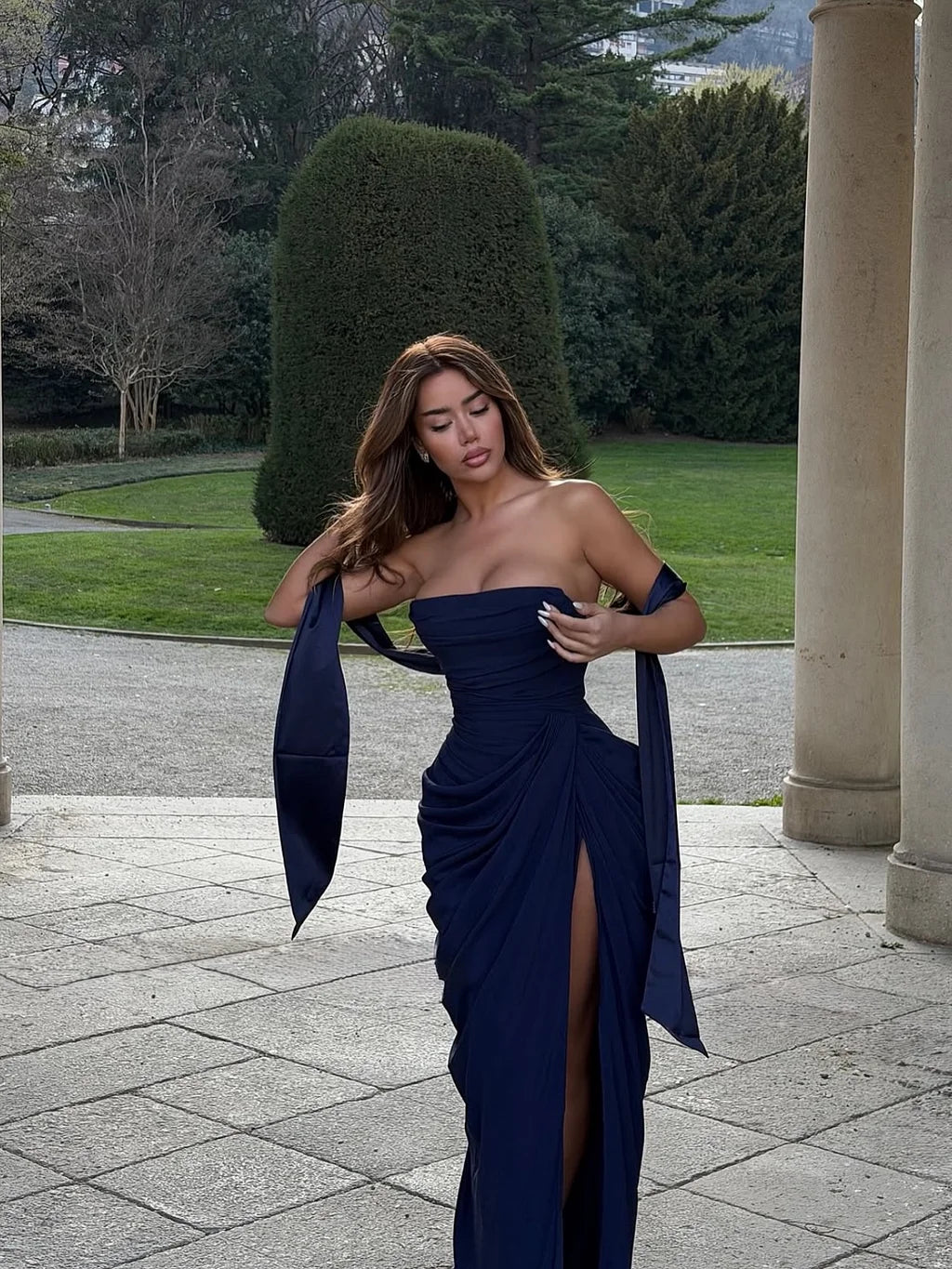Glamorous Strapless Ruched Draped Tie Detail High Slit Satin Mermaid Maxi Prom Dress