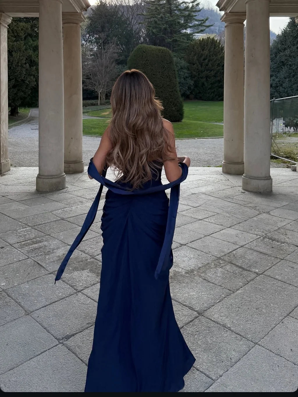 Glamorous Strapless Ruched Draped Tie Detail High Slit Satin Mermaid Maxi Prom Dress