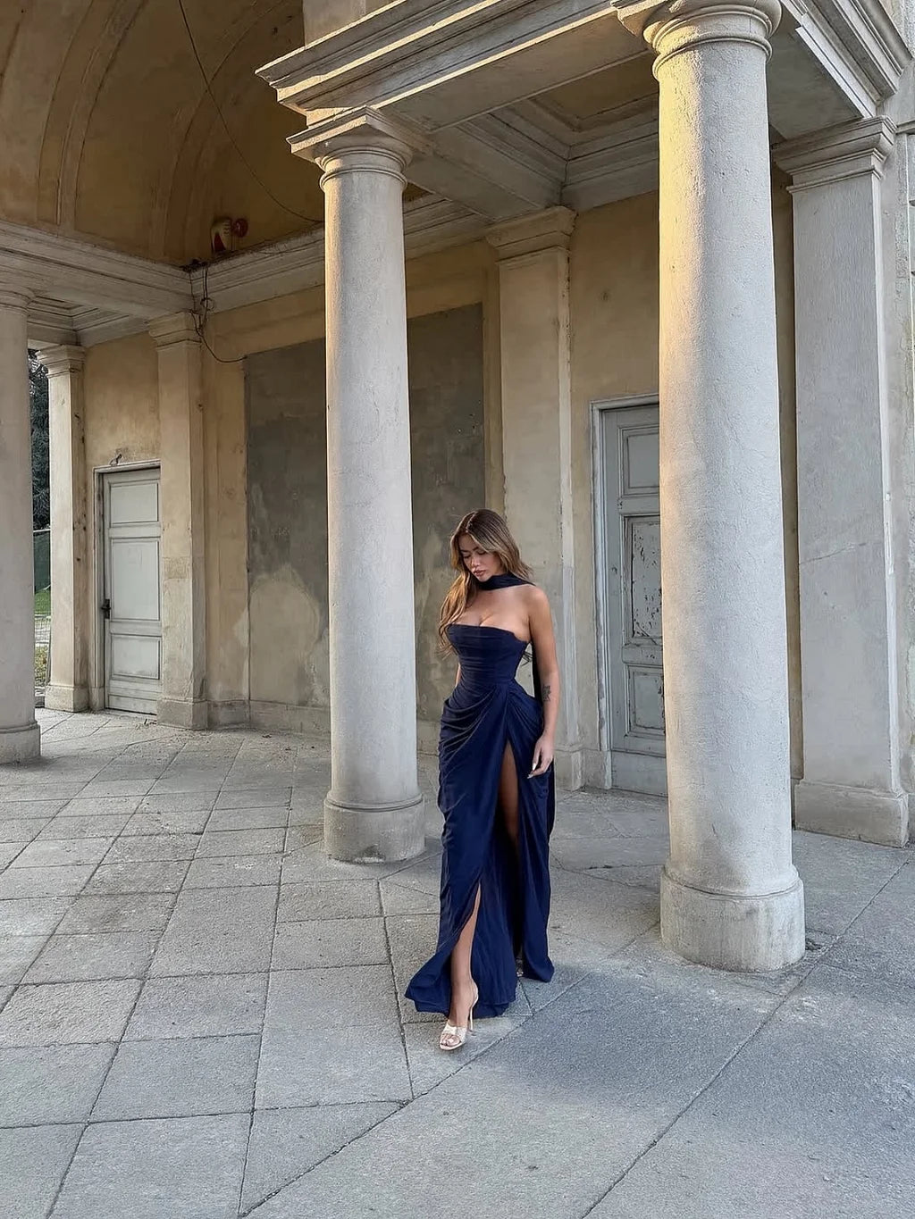 Glamorous Strapless Ruched Draped Tie Detail High Slit Satin Mermaid Maxi Prom Dress