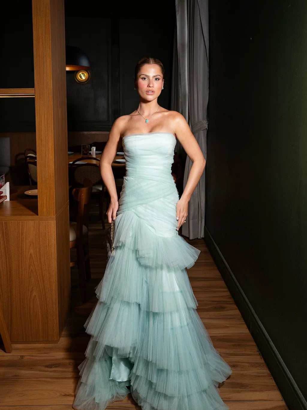 Glamorous Strapless Ruched Tiered Tulle Mermaid Maxi Prom Dress