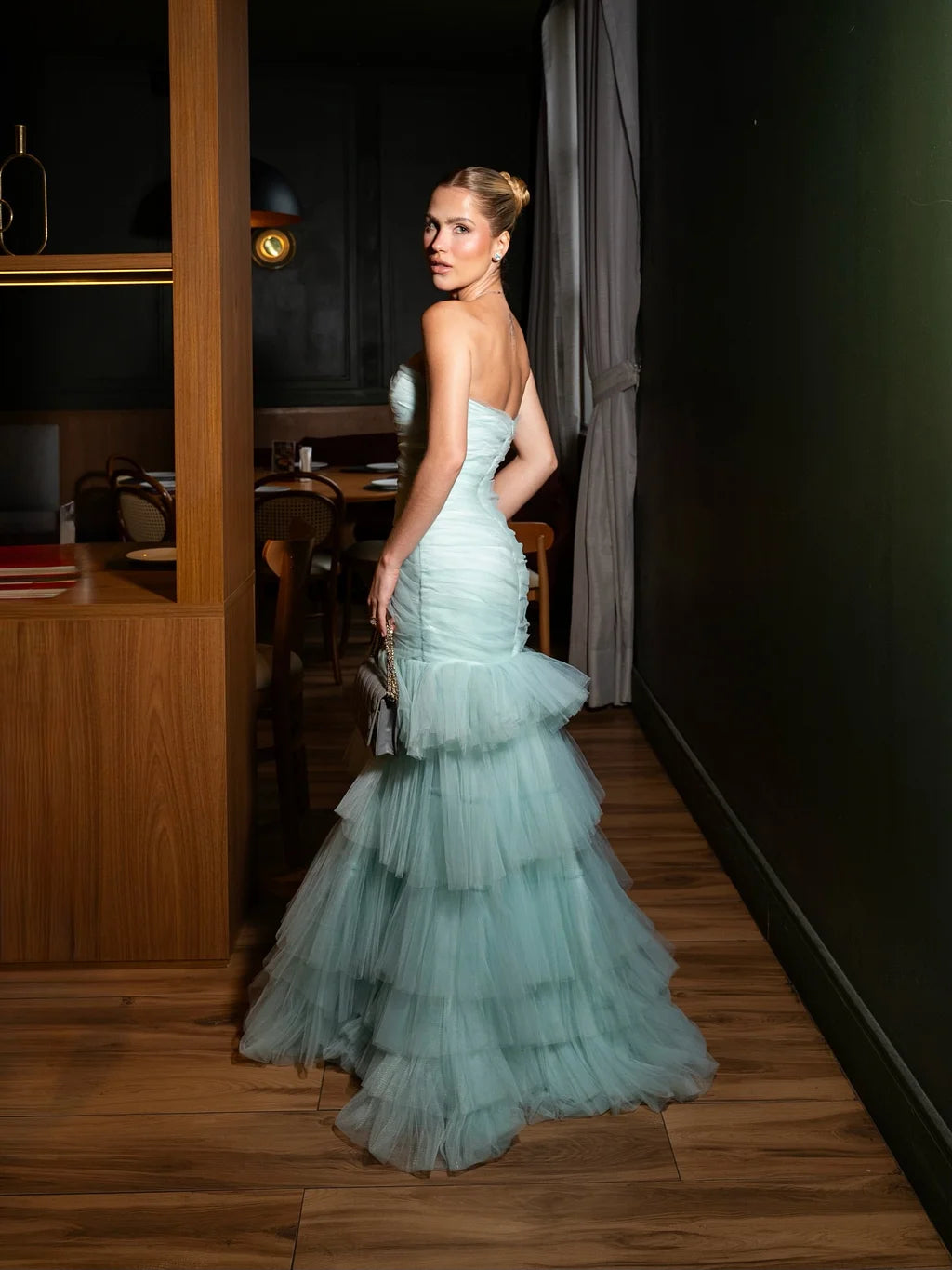 Glamorous Strapless Ruched Tiered Tulle Mermaid Maxi Prom Dress