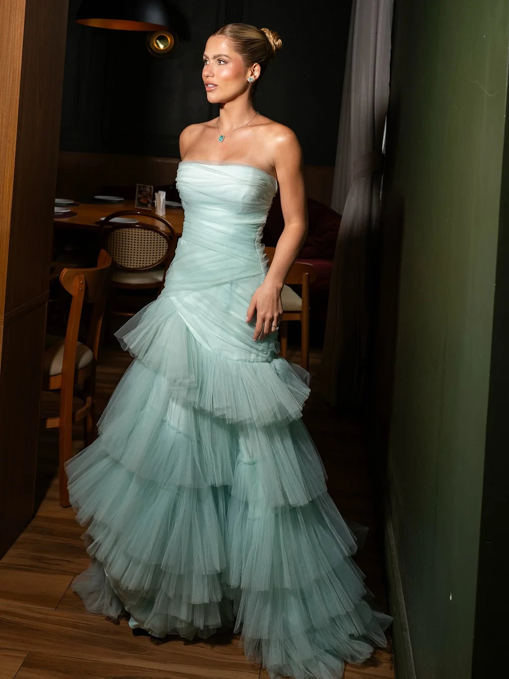 Glamorous Strapless Ruched Tiered Tulle Mermaid Maxi Prom Dress