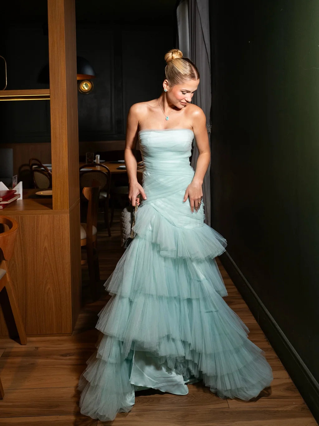 Glamorous Strapless Ruched Tiered Tulle Mermaid Maxi Prom Dress