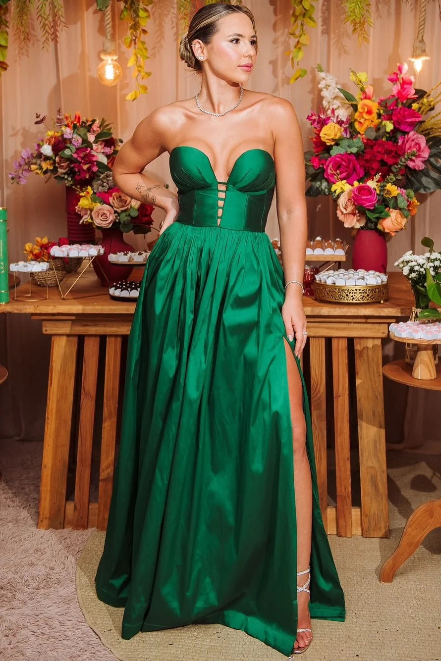 Glamorous Strapless Sweetheart Cutout Satin A-Line Maxi Prom Dress with High Slit