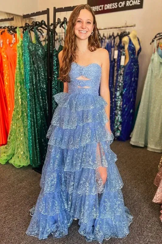 Glamorous Strapless Sweetheart Cutout Sequin Tiered Tulle High Slit A-Line Maxi Prom Dress