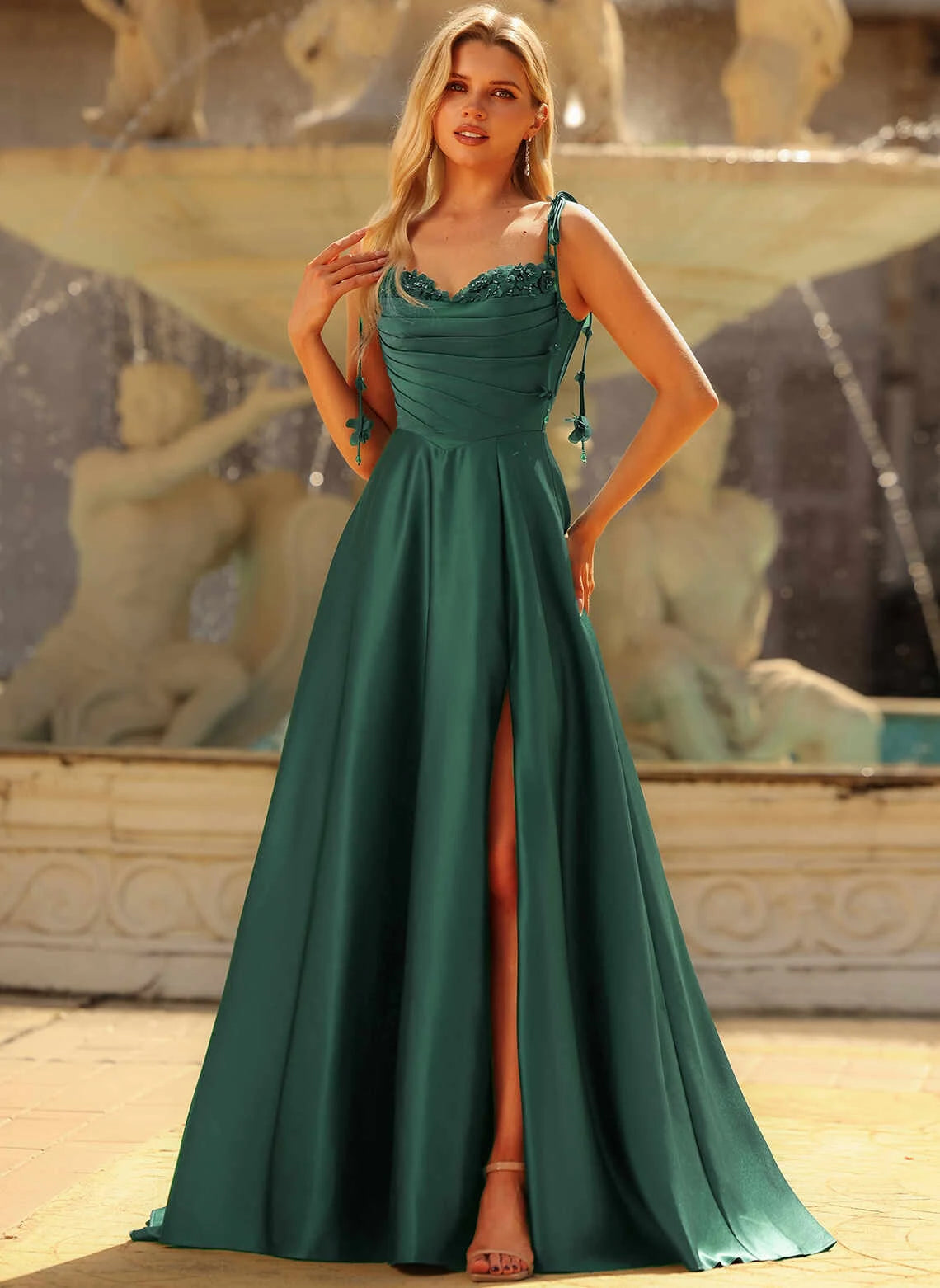 Glamorous A-Line Cowl Neck Ruched Emerald Green Long Prom Dresses Gown