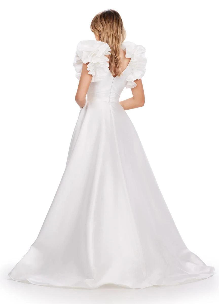 Glamorous A-Line Deep V-Neck Puffy Sleeves Ruffled White Floor-Length Prom Gown