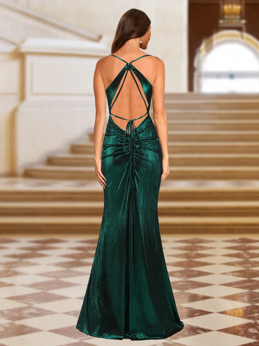 Glamorous A-Line Deep V-Neck Sleeveless Ruched Emerald Floor-Length Prom Gown