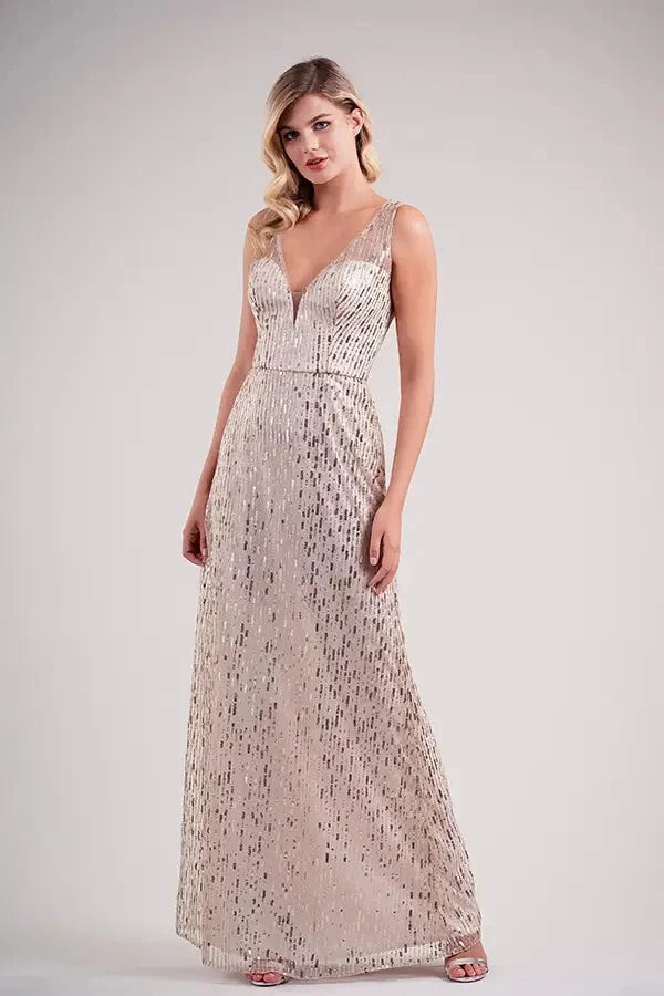 Glamorous A-Line Deep V-Neck Sleeveless Sequin Champagne Floor-Length Prom Dress Gown