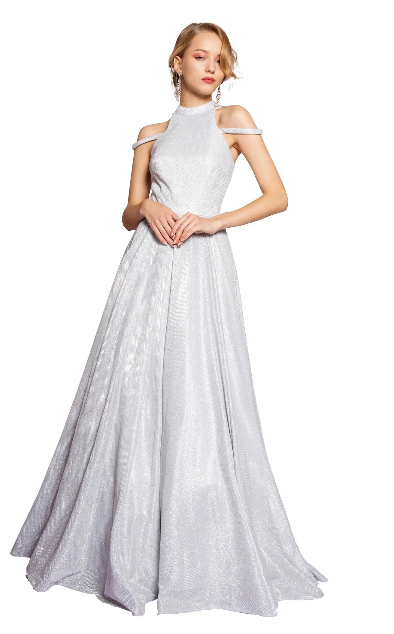 Glamorous A-Line Halter Cold Shoulder Shimmering Silver Floor-Length Prom Dress