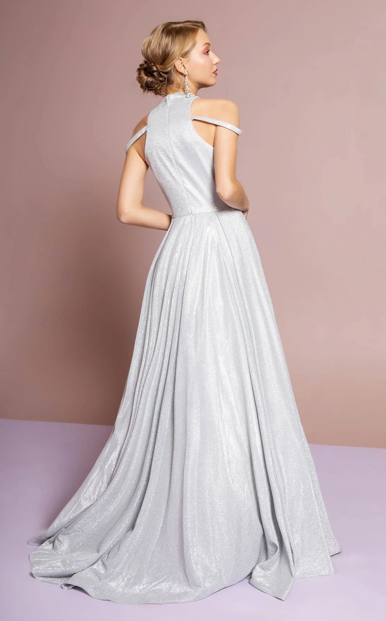 Glamorous A-Line Halter Cold Shoulder Shimmering Silver Floor-Length Prom Dress