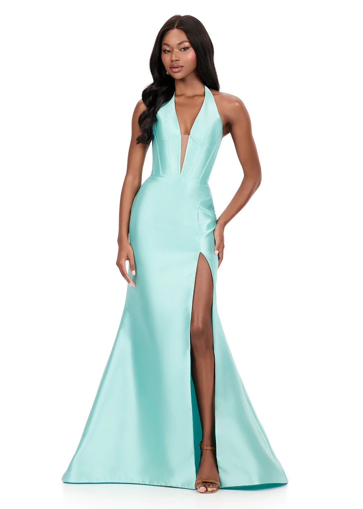 Glamorous A-Line Halter High Slit Ruffled Mint Green Floor-Length Prom Gown