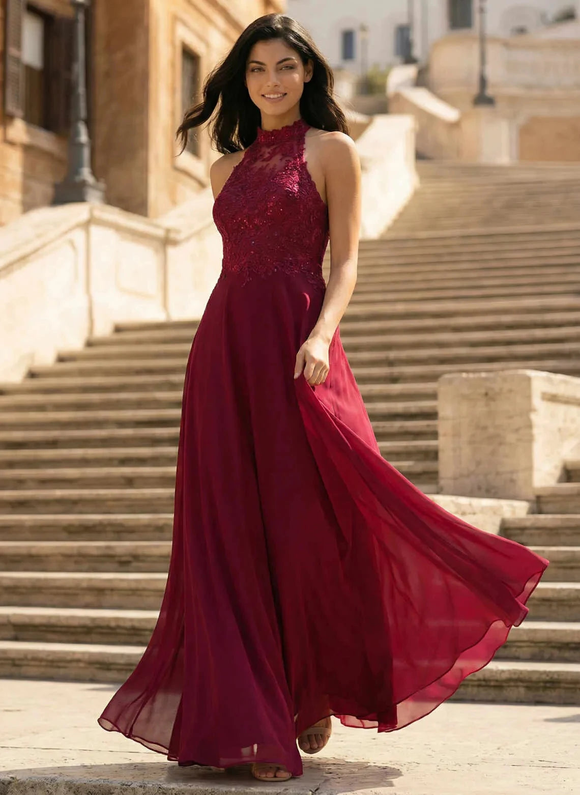 Glamorous A-Line Halter Neck Sleeveless Sequin Open Back Burgundy Floor-Length Prom Dress