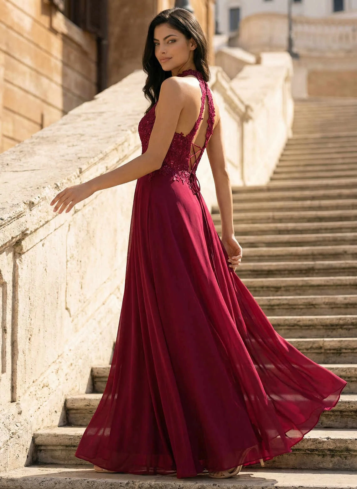 Glamorous A-Line Halter Neck Sleeveless Sequin Open Back Burgundy Floor-Length Prom Dress