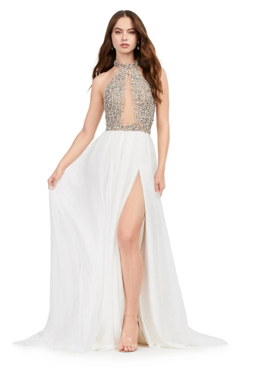 Glamorous A-Line Halter Sleeveless Beaded Slit White Floor Prom Dress Women
