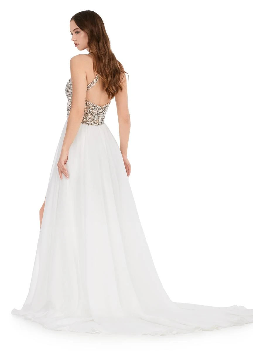 Glamorous A-Line Halter Sleeveless Beaded Slit White Floor Prom Dress Women