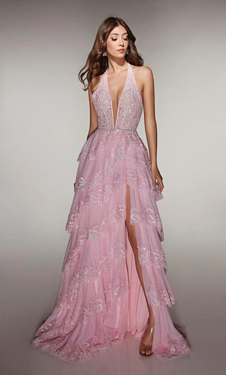 Glamorous A-Line Halter Sleeveless Beaded Tiered Pink Floor-Length Prom Dresses Gown
