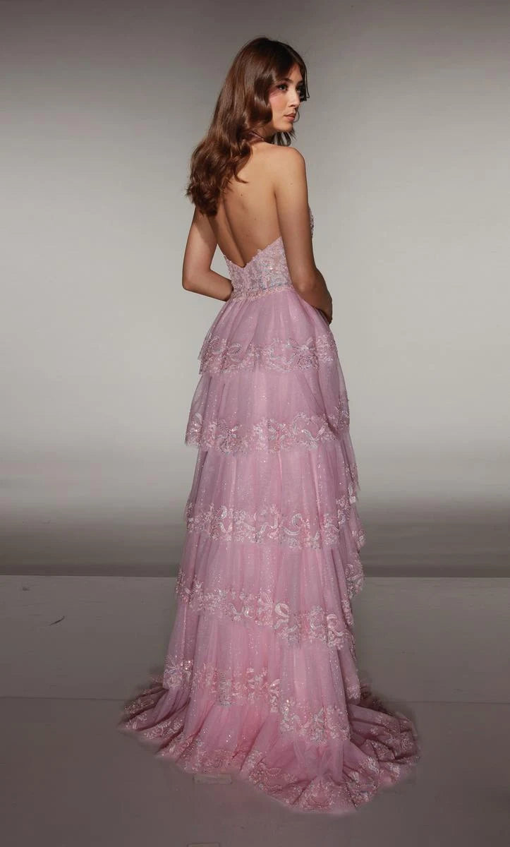 Glamorous A-Line Halter Sleeveless Beaded Tiered Pink Floor-Length Prom Dresses Gown