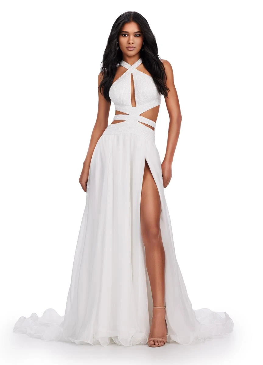 Glamorous A-Line Halter Sleeveless Cutout High-Slit White Long Prom Dress