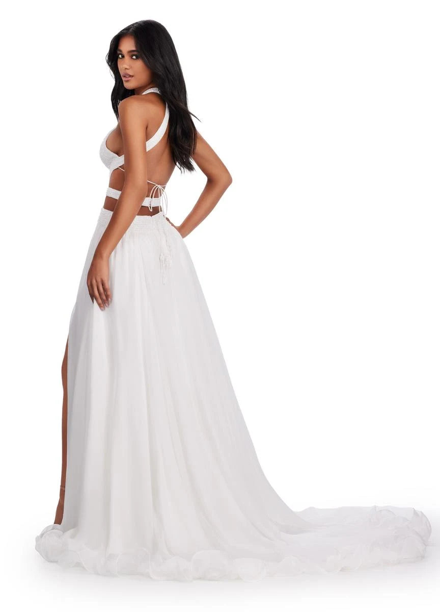 Glamorous A-Line Halter Sleeveless Cutout High-Slit White Long Prom Dress