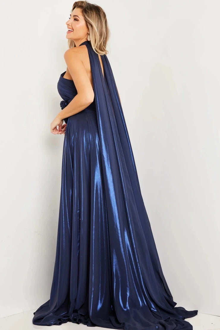 Glamorous A-Line Halter Sleeveless Cutout Navy Long Prom Dresses Women Gown