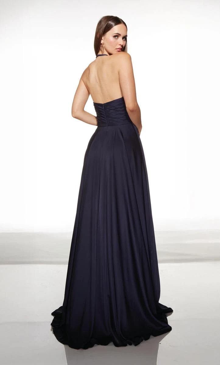 Glamorous A-Line Halter Sleeveless High Slit Navy Blue Floor-Length Prom Dresses Gown