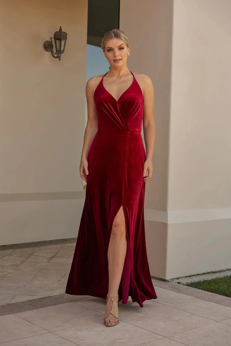 Glamorous A-Line Halter Sleeveless Ruched Slit Burgundy Floor-Length Prom Dress