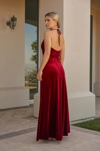 Glamorous A-Line Halter Sleeveless Ruched Slit Burgundy Floor-Length Prom Dress
