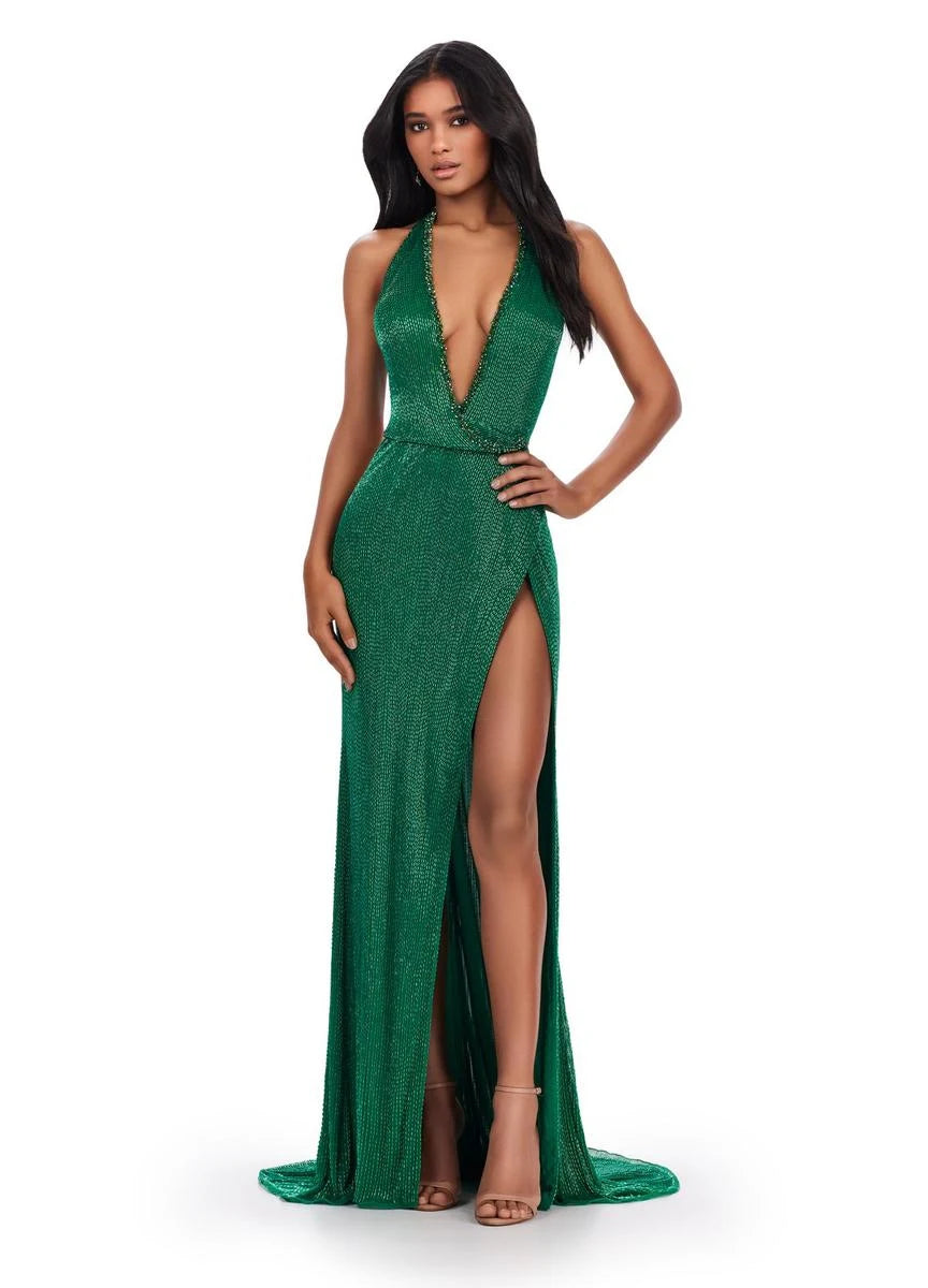 Glamorous A-Line Halter Sleeveless Sparkling Emerald Long Prom Dress for Women