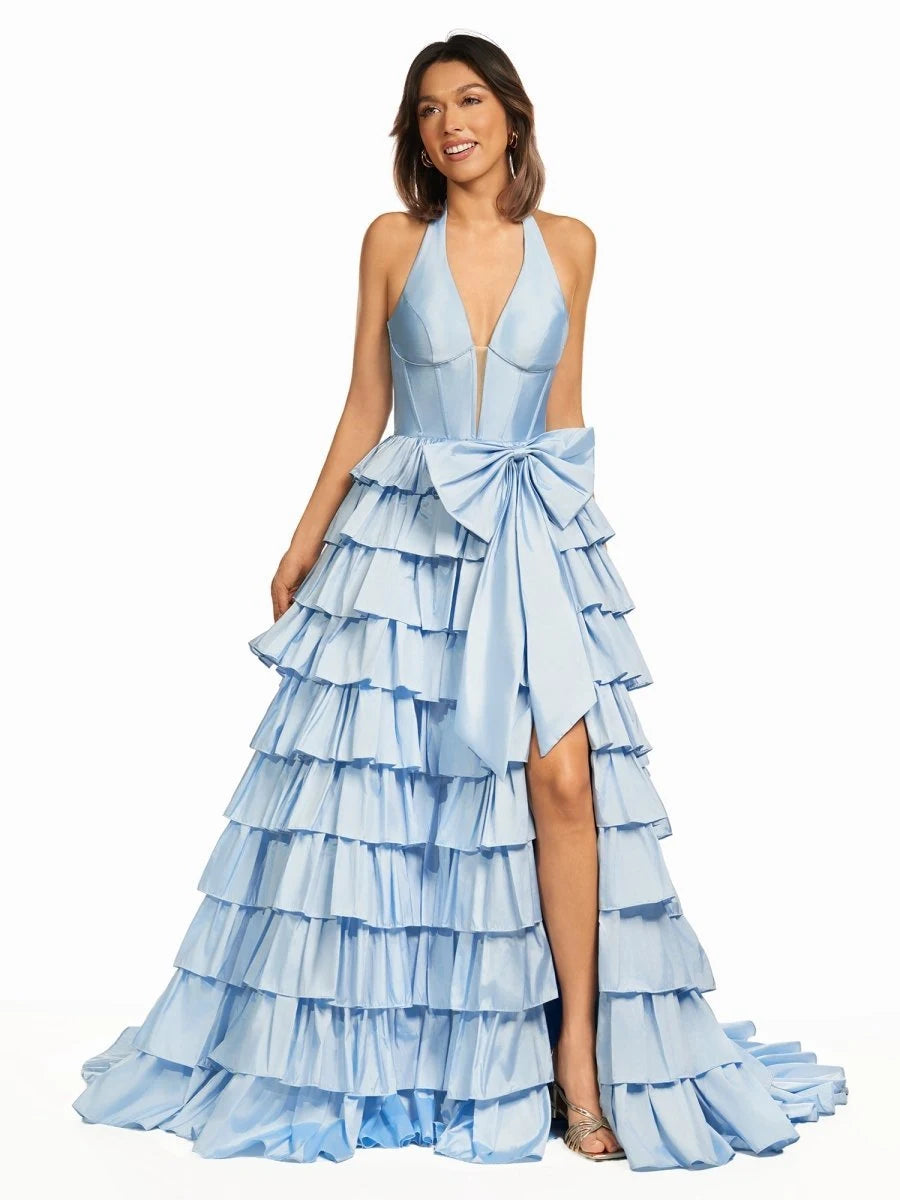 Glamorous A-Line Halter Sleeveless Tiered Bow Blue Long Prom Dresses Women