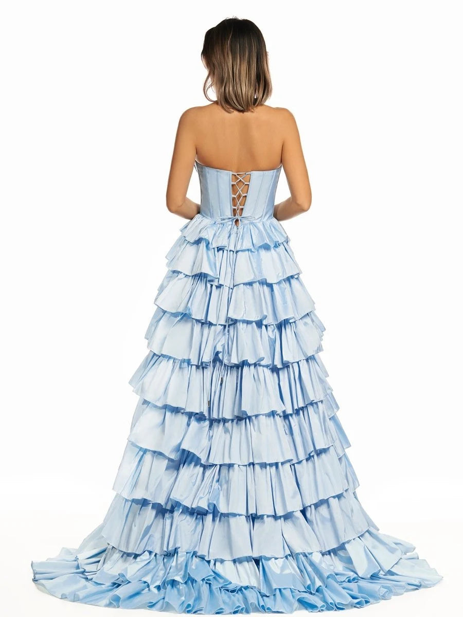 Glamorous A-Line Halter Sleeveless Tiered Bow Blue Long Prom Dresses Women
