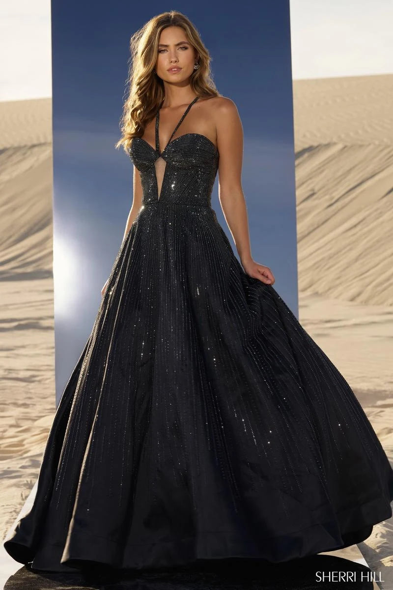 Glamorous A-Line Halter Sweetheart Sleeveless Beaded Black Floor-Length Prom Gown