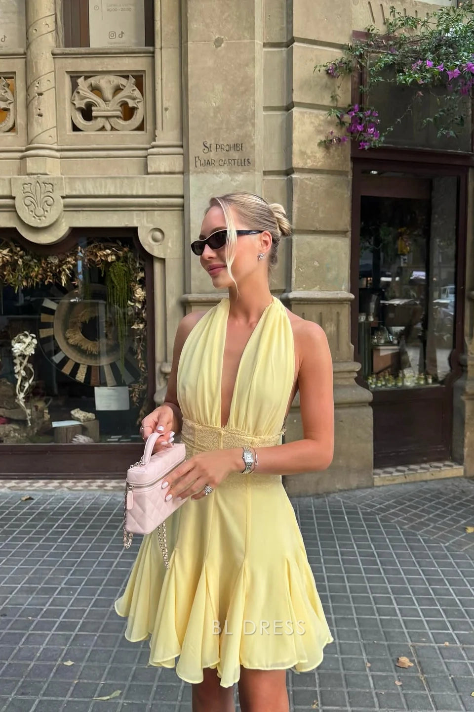 Glamorous A-Line Halter V-Neck Sleeveless Ruffled Daffodil Yellow Mini Homecoming Dress