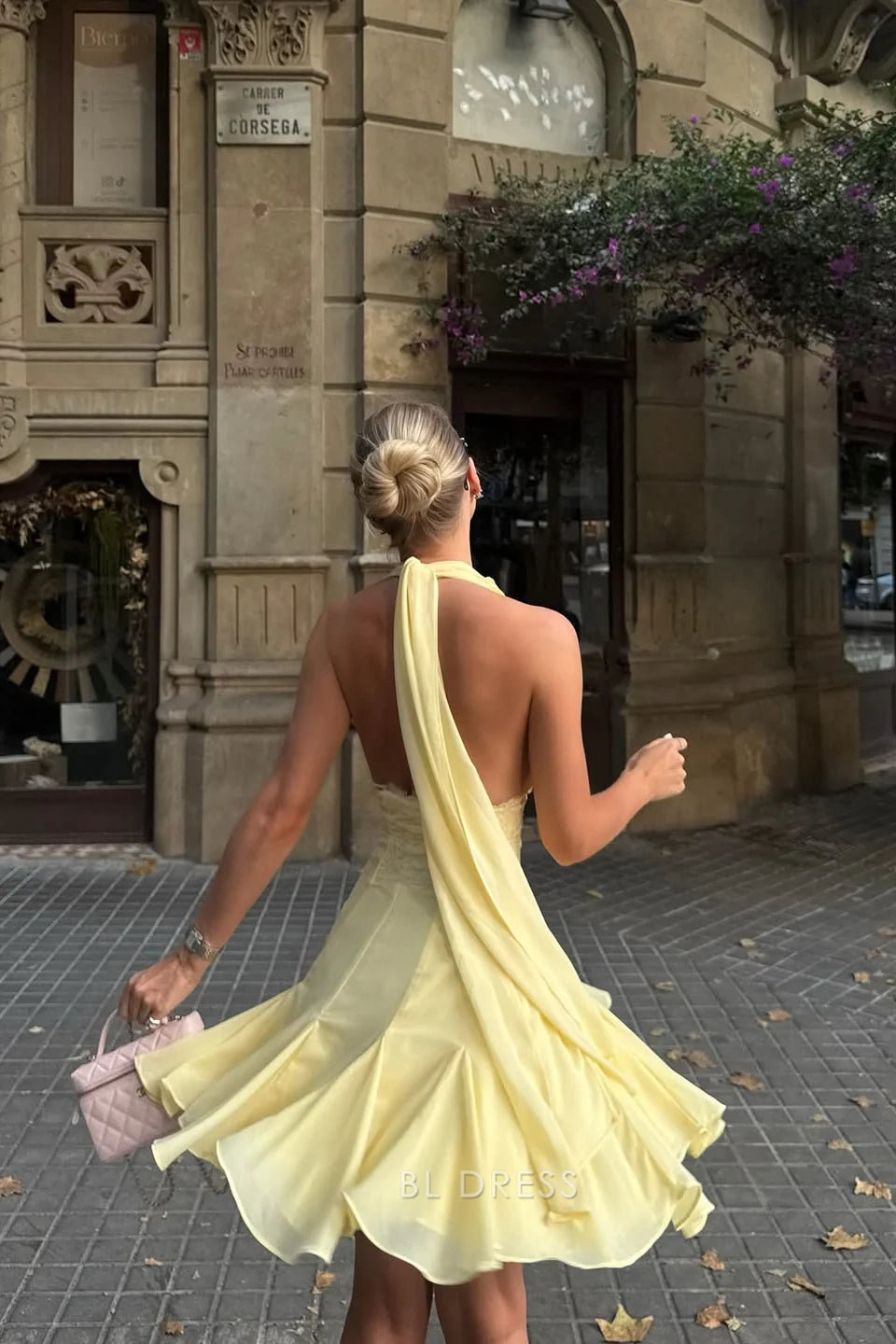 Glamorous A-Line Halter V-Neck Sleeveless Ruffled Daffodil Yellow Mini Homecoming Dress
