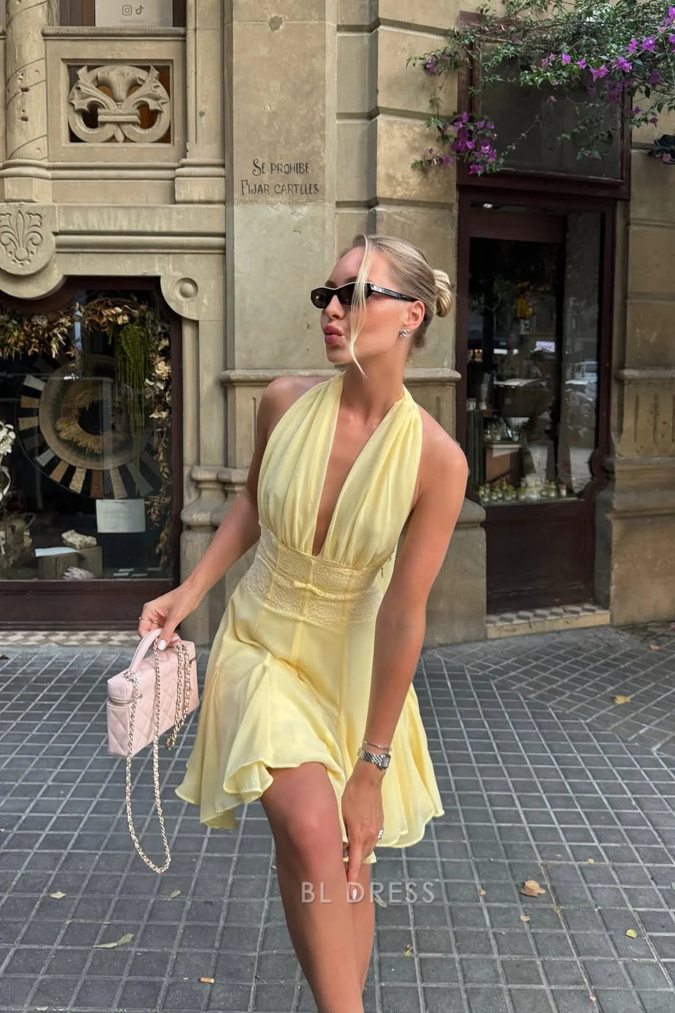 Glamorous A-Line Halter V-Neck Sleeveless Ruffled Daffodil Yellow Mini Homecoming Dress