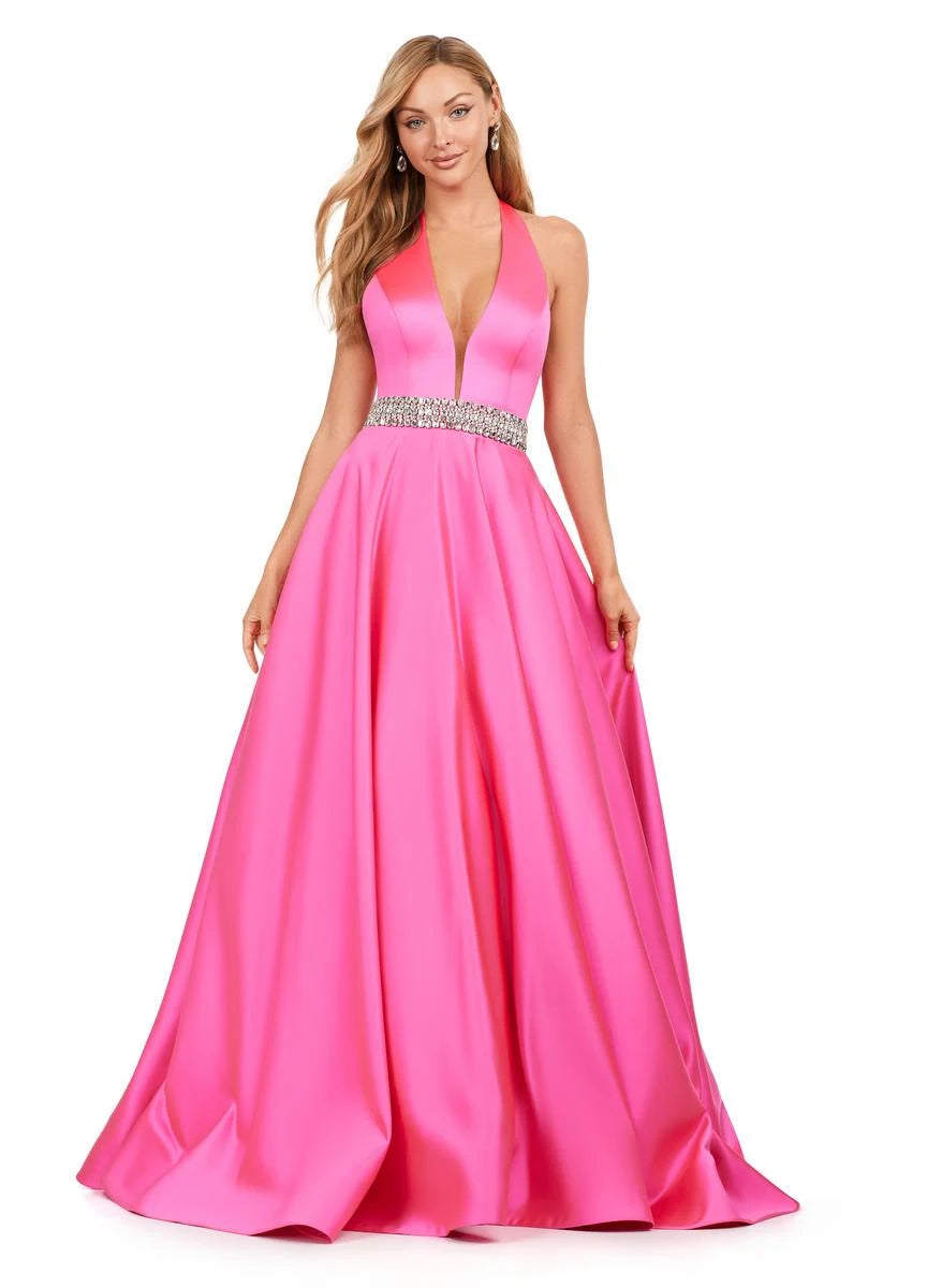 Glamorous A-Line Halter V-Neck Sleeveless Sparkle Fuchsia Floor-Length Prom Dress For Women