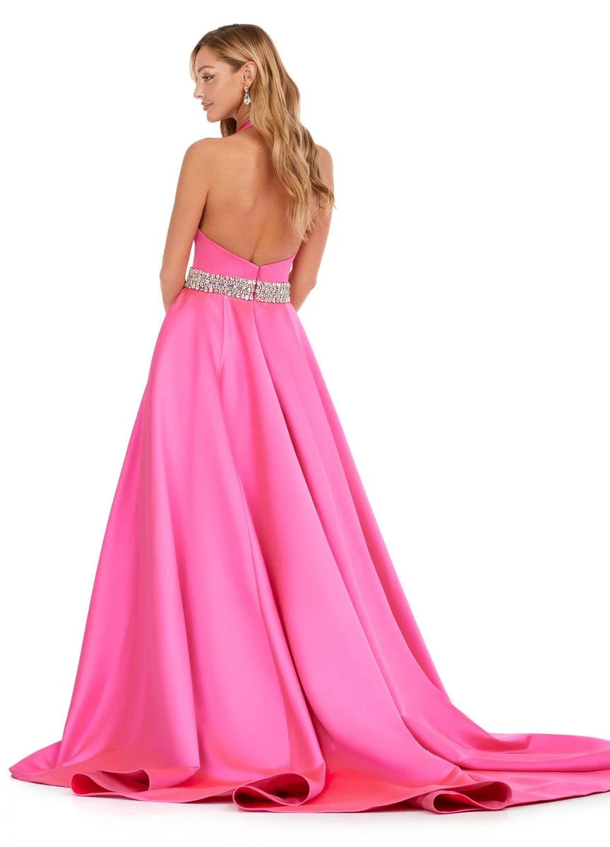 Glamorous A-Line Halter V-Neck Sleeveless Sparkle Fuchsia Floor-Length Prom Dress For Women