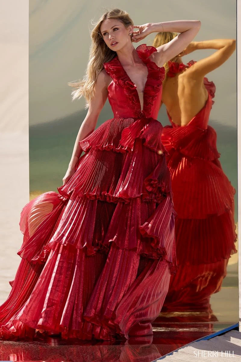 Glamorous A-Line Halter V-Neck Sleeveless Tiered Shimmering Red Prom Gown