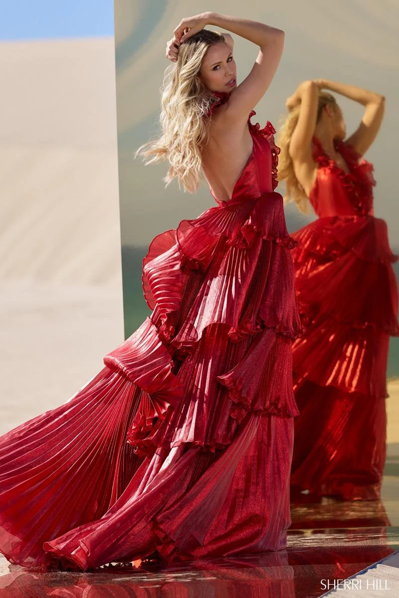 Glamorous A-Line Halter V-Neck Sleeveless Tiered Shimmering Red Prom Gown