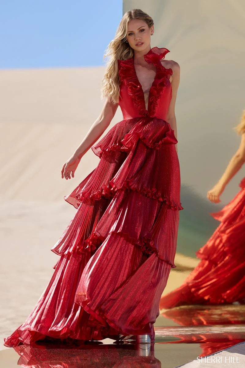 Glamorous A-Line Halter V-Neck Sleeveless Tiered Shimmering Red Prom Gown