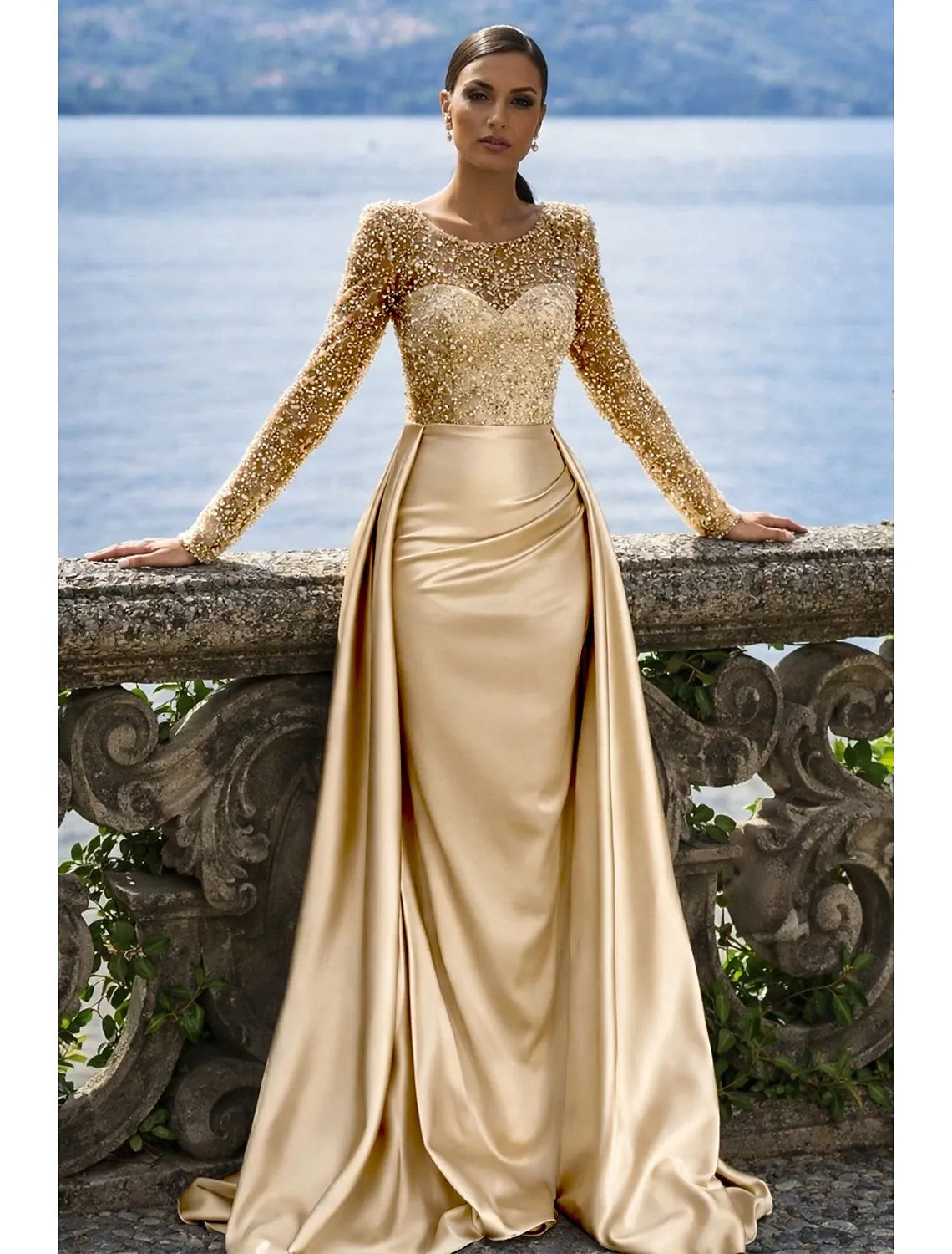 Glamorous A-Line Illusion Long Sleeve Beaded Gold Floor-Length Evening Dresses Gown
