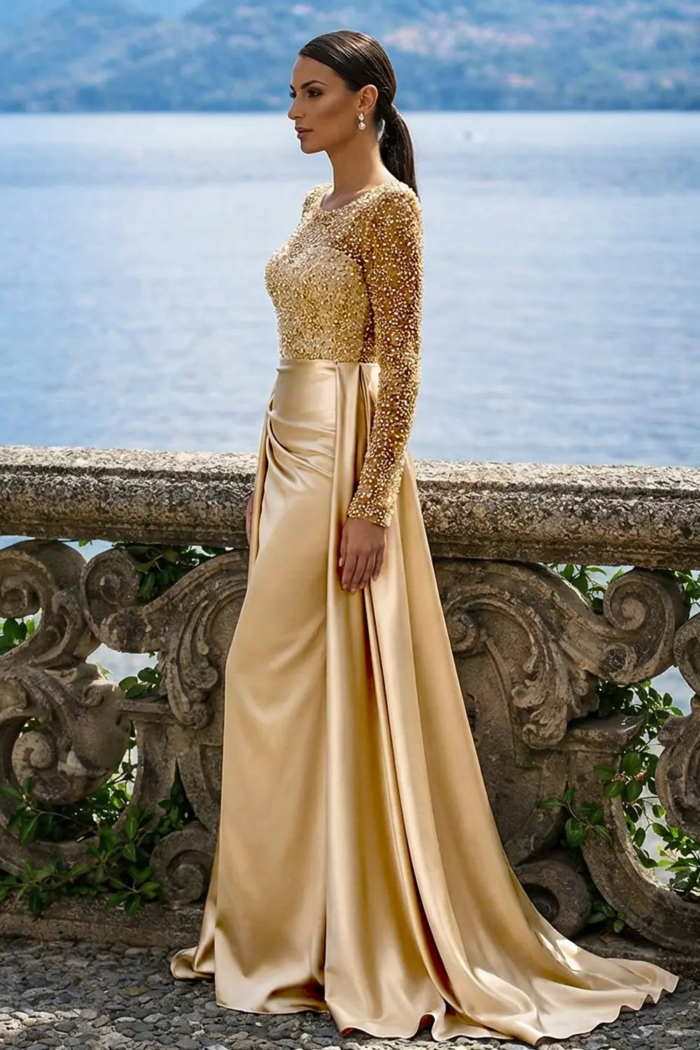 Glamorous A-Line Illusion Long Sleeve Beaded Gold Floor-Length Evening Dresses Gown