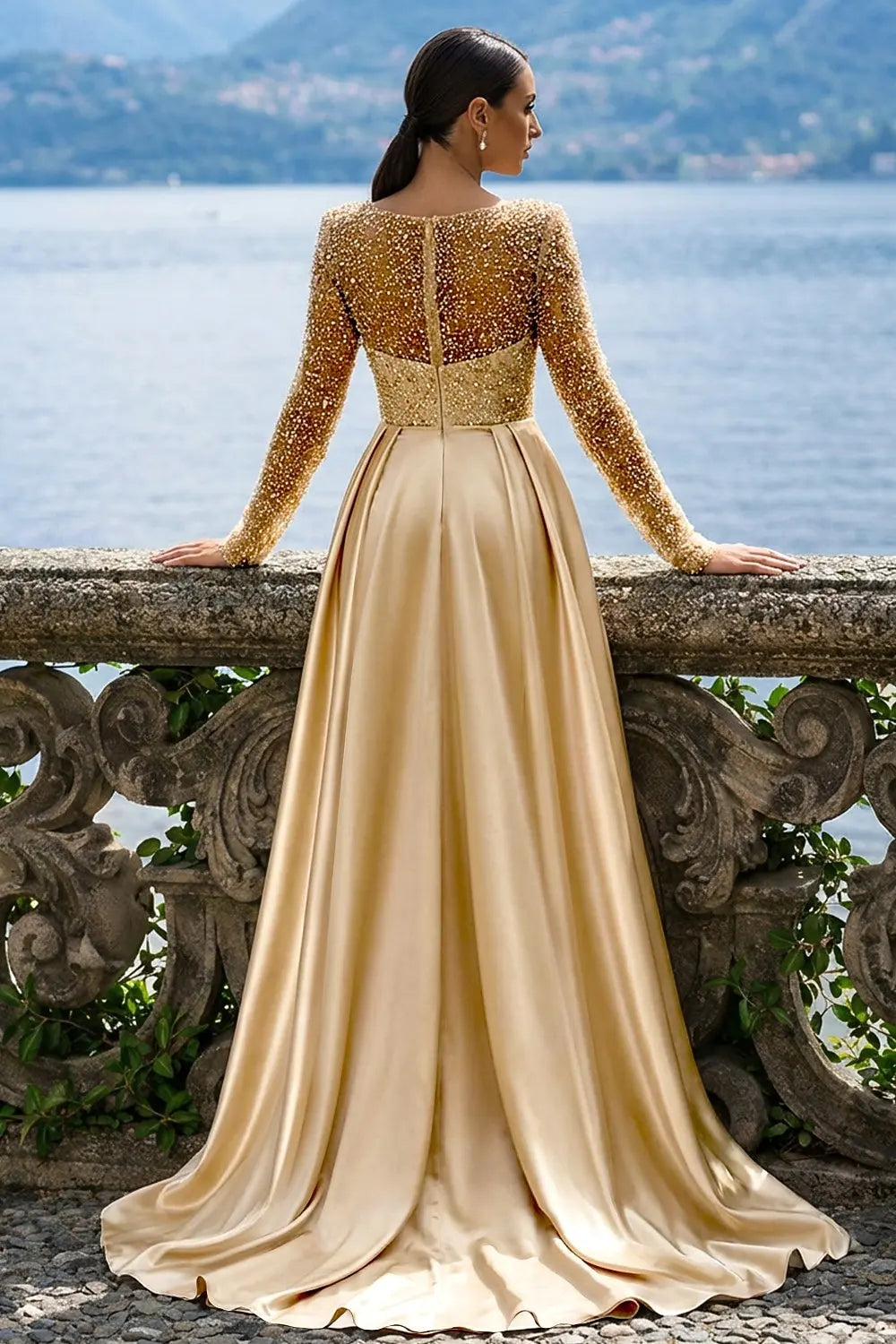 Glamorous A-Line Illusion Long Sleeve Beaded Gold Floor-Length Evening Dresses Gown