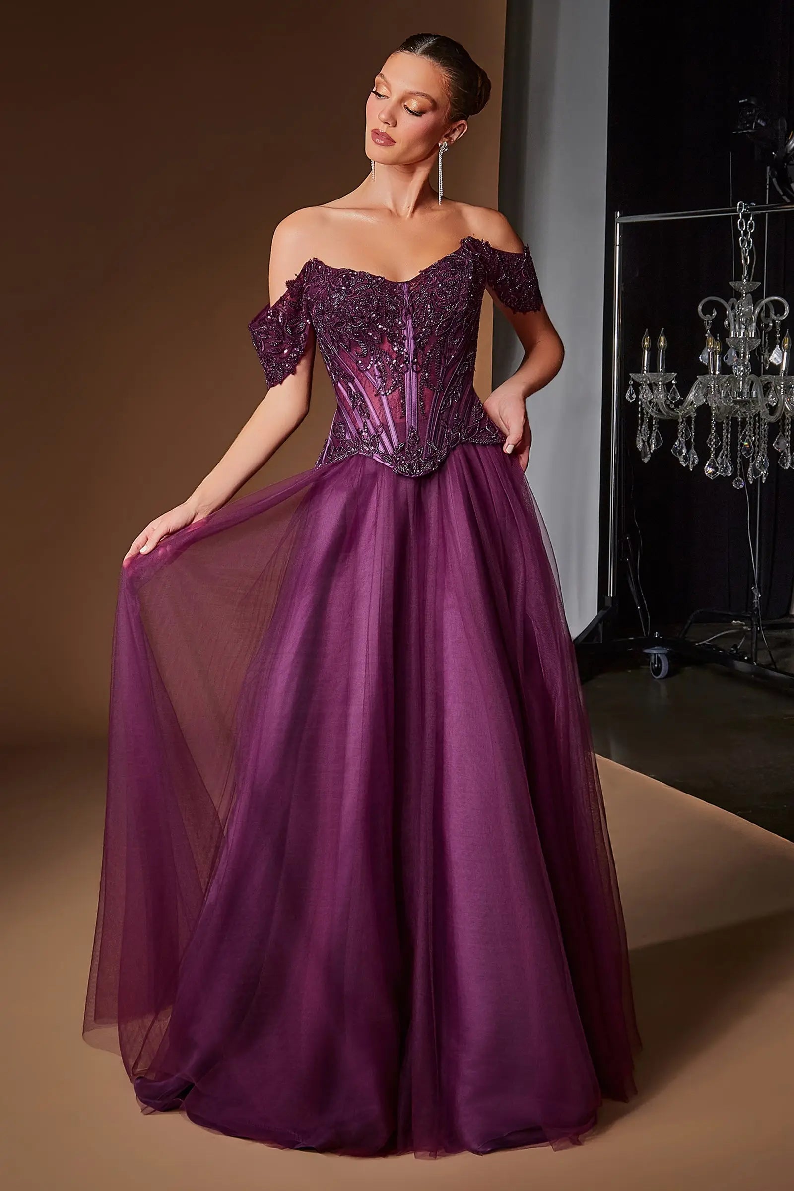 Glamorous A-Line Off-Shoulder Beaded Corset Plum Floor-Length Prom Dress Gown