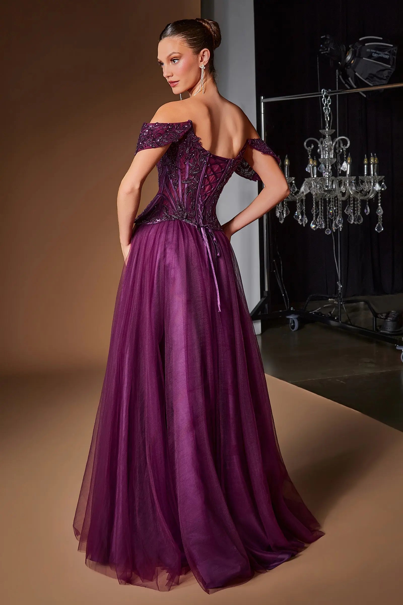Glamorous A-Line Off-Shoulder Beaded Corset Plum Floor-Length Prom Dress Gown