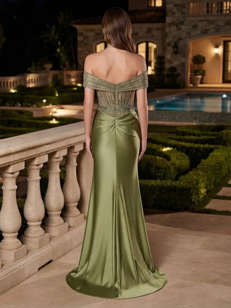 Glamorous A-Line Off-Shoulder Beaded High Slit Olive Green Floor-Length Prom Dresses Gown