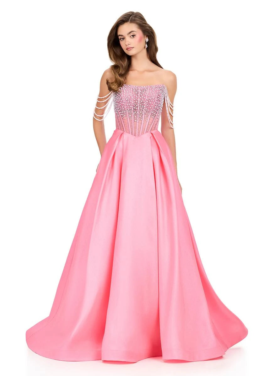 Glamorous A-Line Off-Shoulder Beaded Pink Floor-Length Prom Dresses Gown