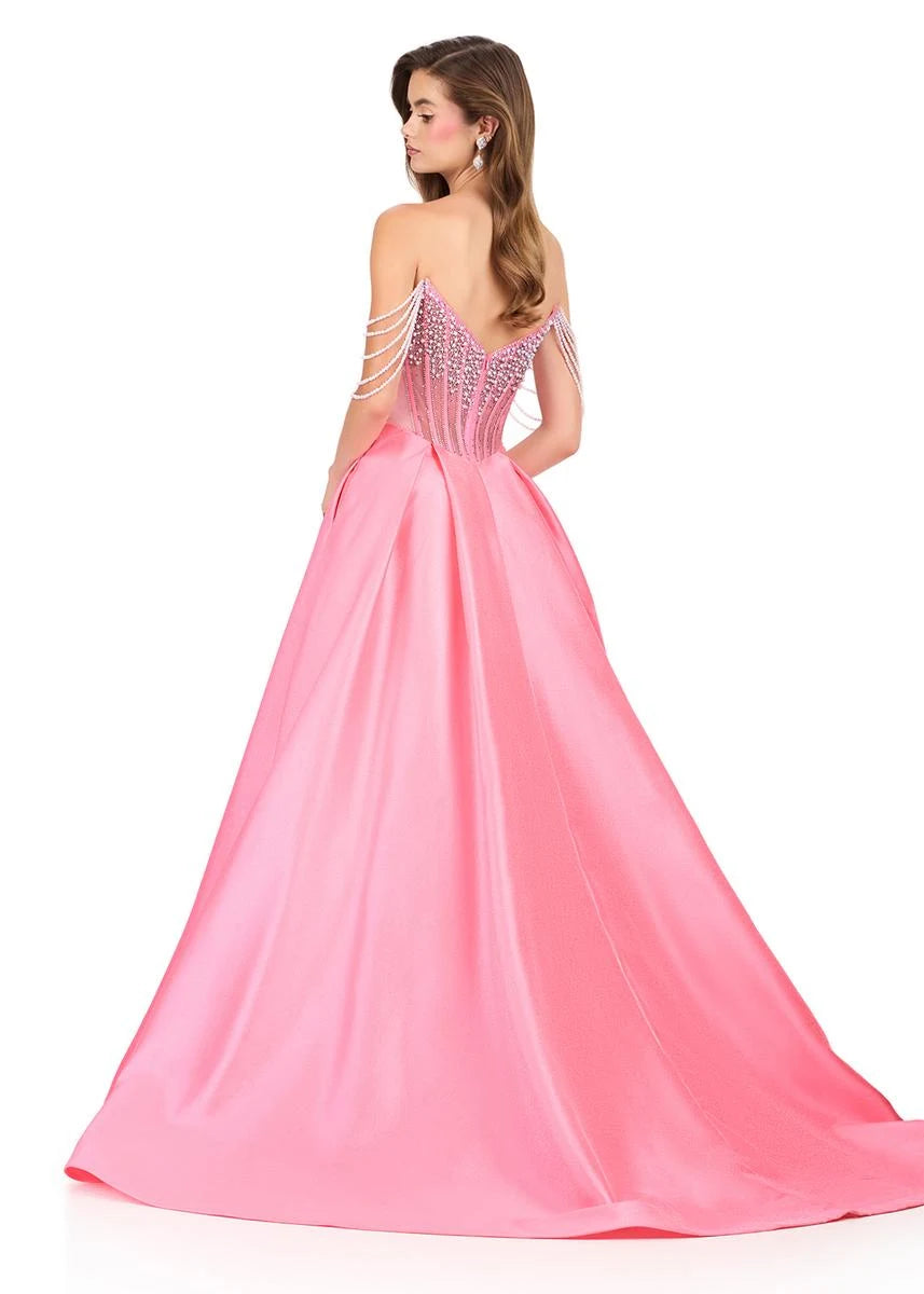Glamorous A-Line Off-Shoulder Beaded Pink Floor-Length Prom Dresses Gown