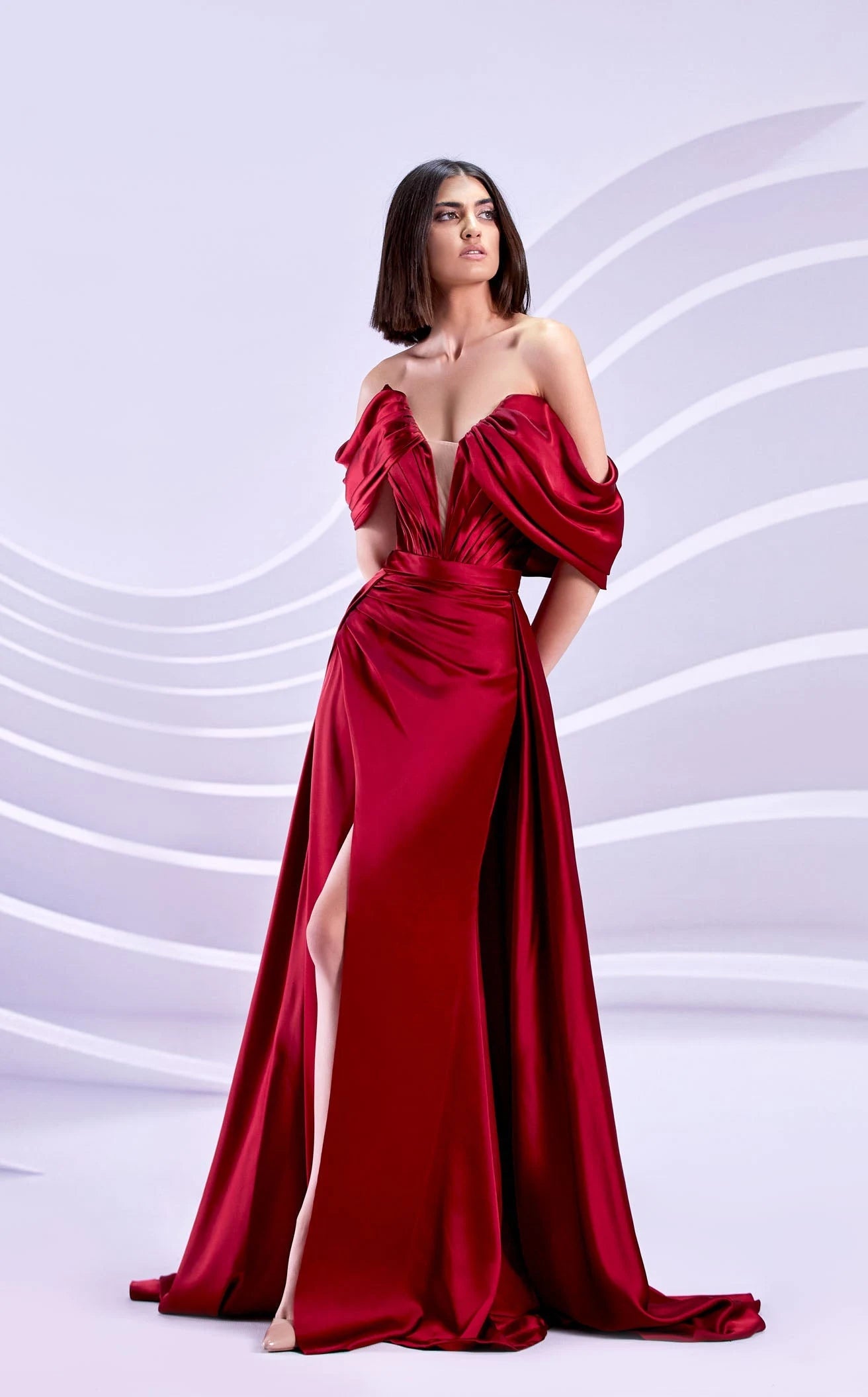 Glamorous A-Line Off-Shoulder Draped High Slit Bow Back Burgundy Prom Dress