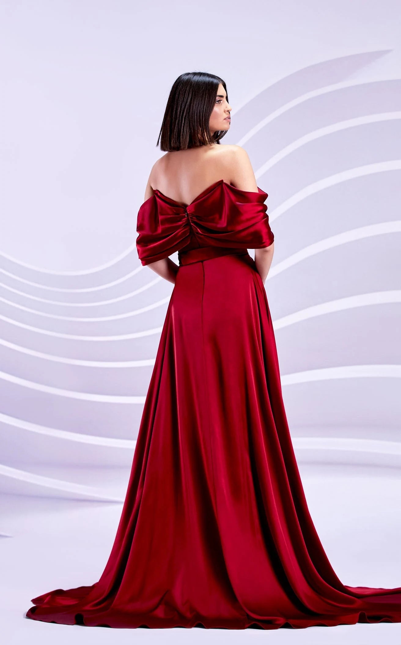 Glamorous A-Line Off-Shoulder Draped High Slit Bow Back Burgundy Prom Dress